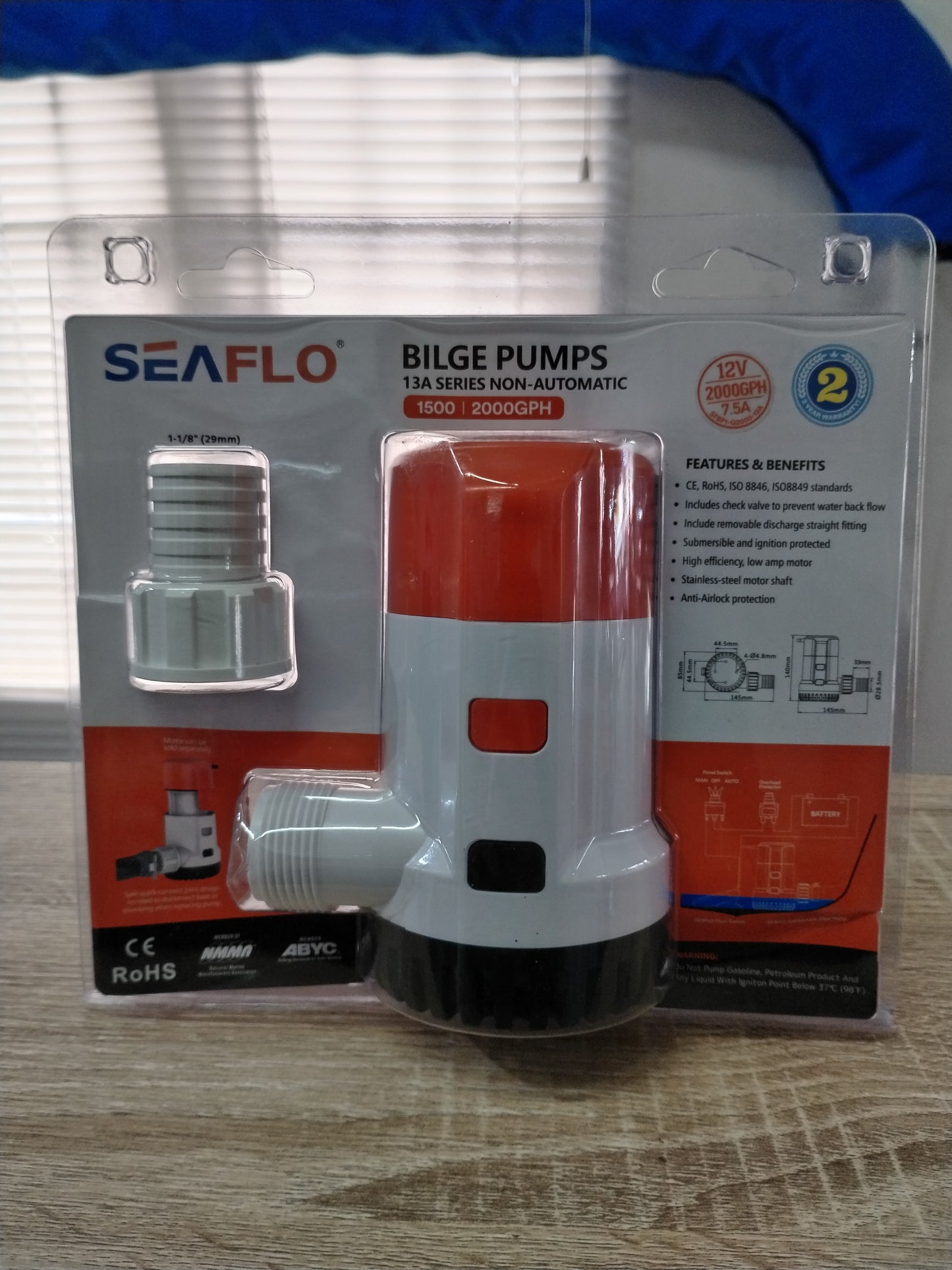 Seaflo Non Auto Bilge Pump 13A 12V (2000 GPH)